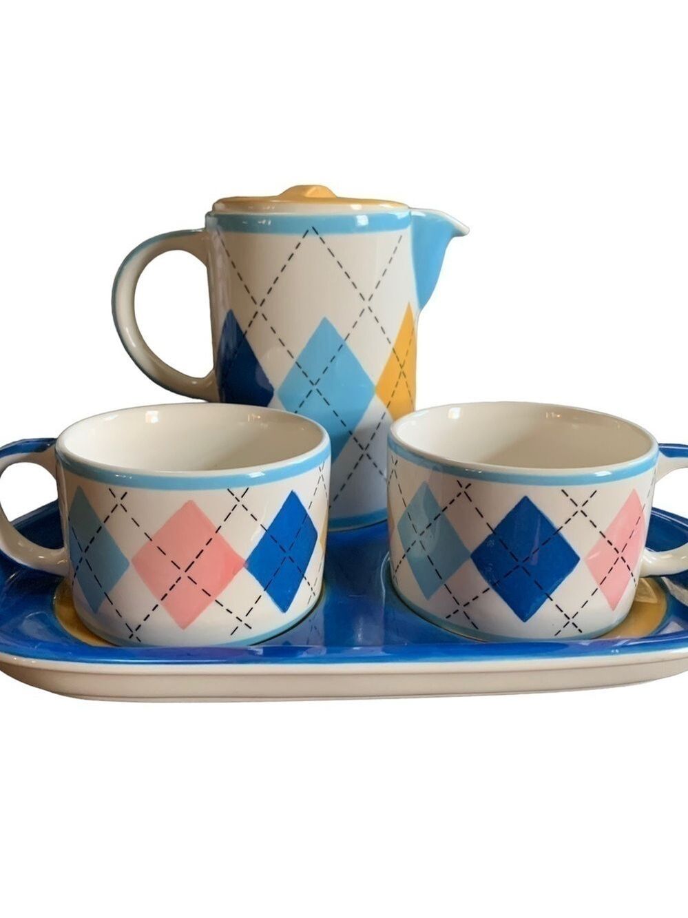 Four Piece Set of HuesNBrews Coffee/Tea Mugs, Tray, Coffee/Tea Pitcher